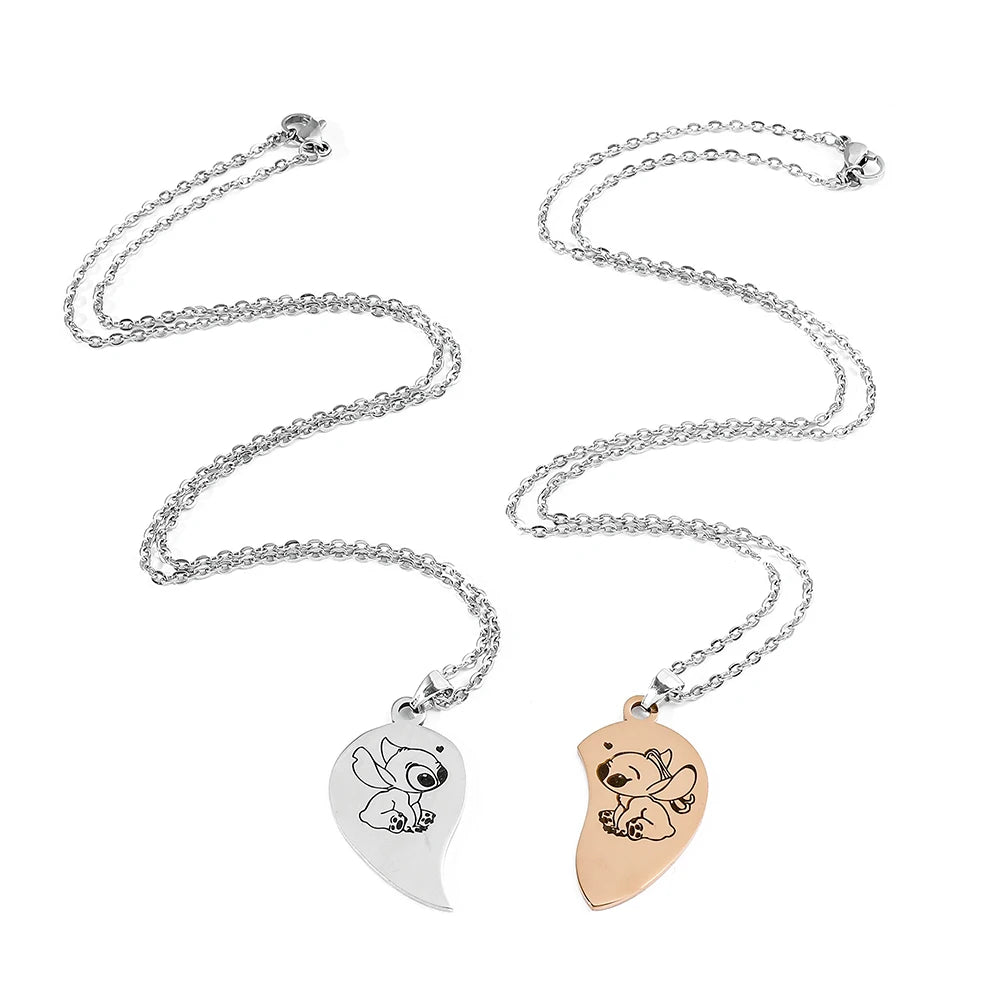 Disney Lilo Stitch Necklace Stitching Cute Character Stitch Heart Shape Pendant Necklace Couple Jewelry